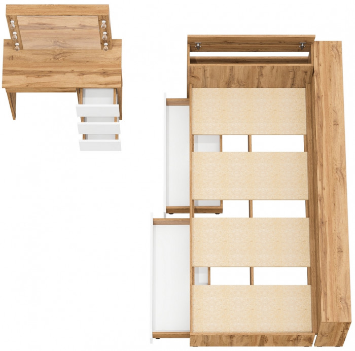 Ксения Кровать с ящиками 0900 + прикроватный блок + Столик с подсветкой Сура, дуб вотан/белый