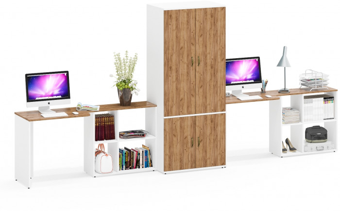 Лидер-8 Стол + Стол + Шкаф МД 19Б, белый шагрень/крафт золото