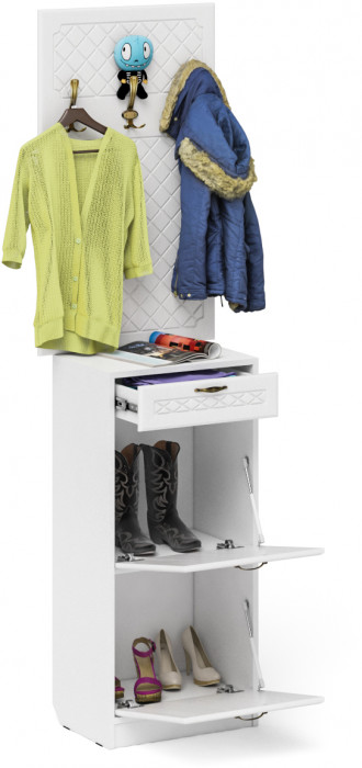 Прихожая П-6 Тумба для обуви 2 секции + Вешалка, цвет белая шагрень/фасады МДФ белое дерево фрезеровка ромб, ШхГхВ 50х35х210 см.