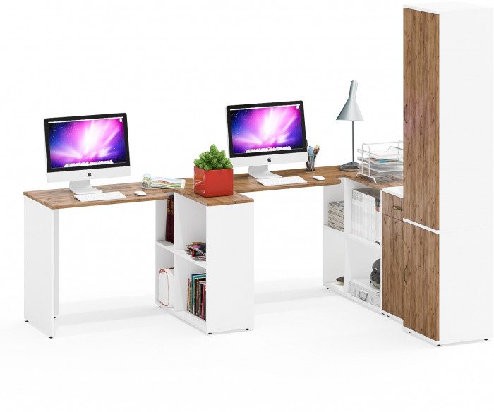 Лидер-8 Стол + Стол + Пенал МД 22Б + Тумба МД 3.15, белый шагрень/крафт золото