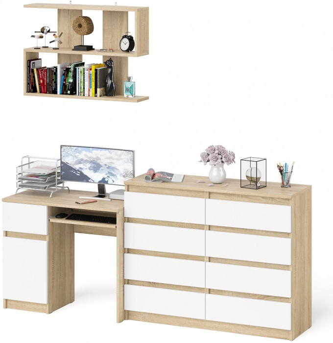 Мори компьютерный стол МС-1 левый + Комод МК1200.8 + Полка 900, дуб сонома/белый