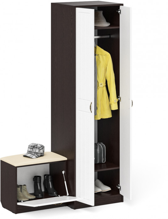 Прихожая П-6 Компоновка № 10, цвет венге/фасады МДФ белое дерево фрезеровка прованс, ШхГхВ 120х50х210 см., универсальная сборка