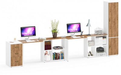 Лидер-8 Стол + Стол + Пенал МД 22Б + Тумба МД 3.16, белый шагрень/крафт золото