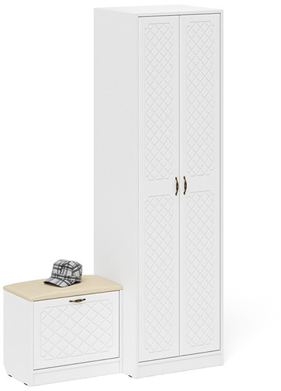 Прихожая П-6 Компоновка № 10, цвет белая шагрень/фасады МДФ белое дерево фрезеровка ромб, ШхГхВ 120х50х210 см., универсальная сборка