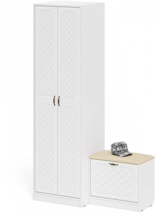 Прихожая П-6 Компоновка № 10, цвет белая шагрень/фасады МДФ белое дерево фрезеровка ромб, ШхГхВ 120х50х210 см., универсальная сборка