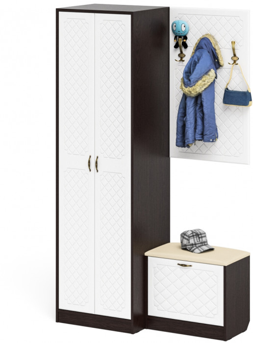 Прихожая П-6 Компоновка № 12, венге/фасады МДФ белое дерево фрезеровка ромб