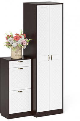 Прихожая П-6 Компоновка № 16, цвет венге/фасады МДФ белое дерево фрезеровка ромб, ШхГхВ 110х50х210 см., универсальная сборка