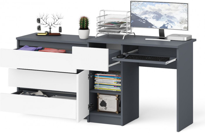 Мори компьютерный стол МС-1 левый + Комод МК800.1, графит/белый