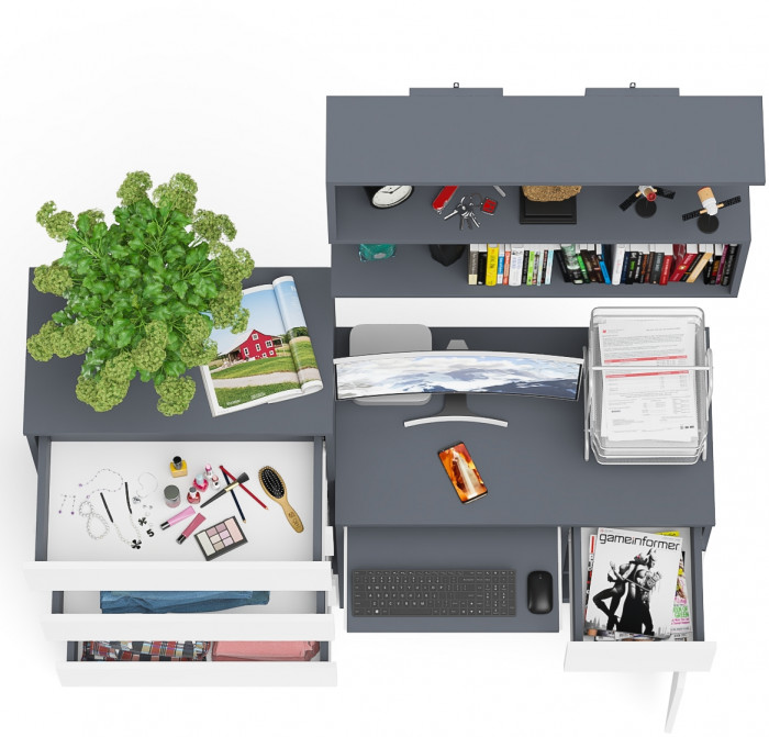 Мори компьютерный стол МС-1 правый + Комод МК700.5 + Полка 900, графит/белый