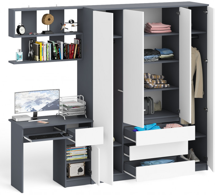 Мори компьютерный стол МС-1 правый + Шкаф МШ1600.1 + Полка 900, графит/белый