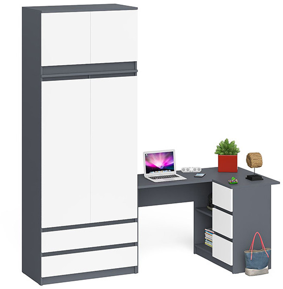 Мори компьютерный стол МС-16 правый + Шкаф МШ900.1 + Антресоль МА900.1, графит/белый