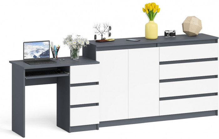 Мори компьютерный стол МС-6 правый + Комод МК1600.1, графит/белый