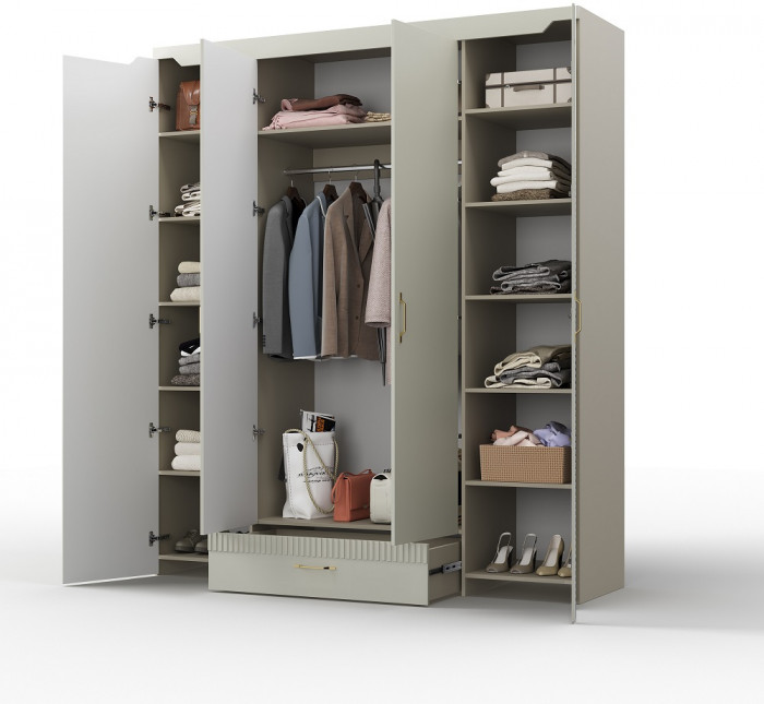 Шкаф 4-х дверный с ящиком "Карлин" - Персидский жемчуг/Шаде песочный