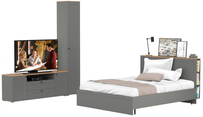 Остин 11.53 Кровать + ортопед + 13.227 Шкаф-пенал + 16.47 Тумба под ТВ, серый графит/дуб крафт золотой