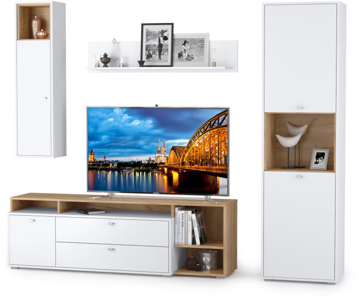 Бэль № 03, цвет дуб крафт золотой/белый премиум, ШхГхВ 240х43х200 см., ниша для ТВ 139х40х120 см., НЕ универсальная сборка