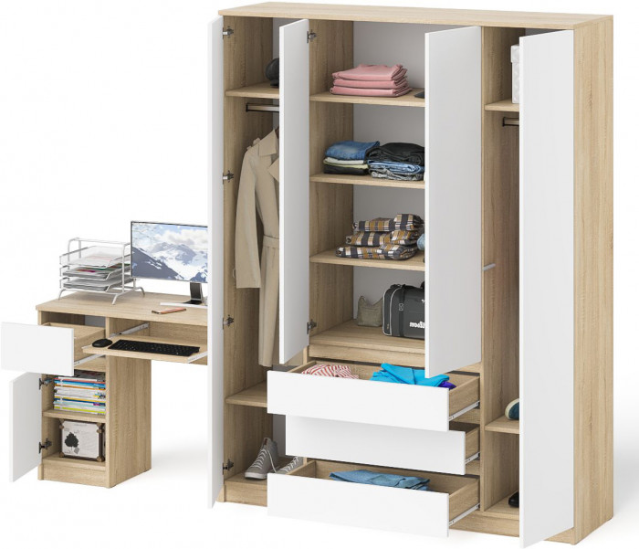 Мори компьютерный стол МС-1 левый + Шкаф МШ1600.1, дуб сонома/белый