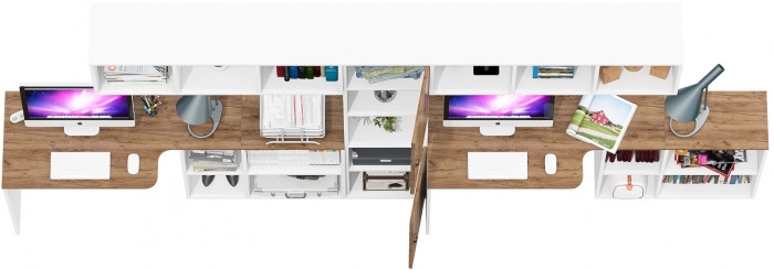 Лидер-8 Стол + Полка + Стол + Полка + Пенал, цвет белый шагрень/крафт золото, ШхГхВ 370х50/30х75/190 или 230х50/120х75/190 см., НЕ универс. сборка