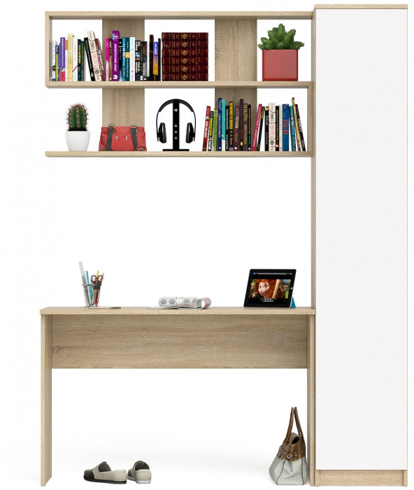 Мори Стол письменный МСП1200.1 + Пенал МШ400.1 + Полка 1200, цвет дуб сонома/белый, ШхГхВ 160,8х50,4х209,6 см., универсальная сборка
