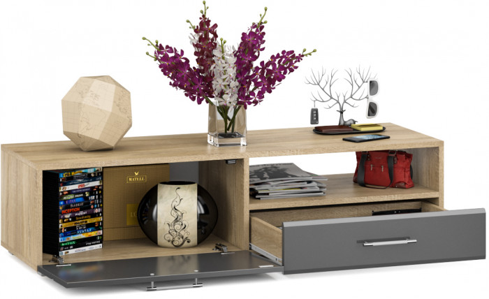 Тумба под ТВ Ларго 1, корпус дуб сонома/фасады МДФ графитово-серый глянец