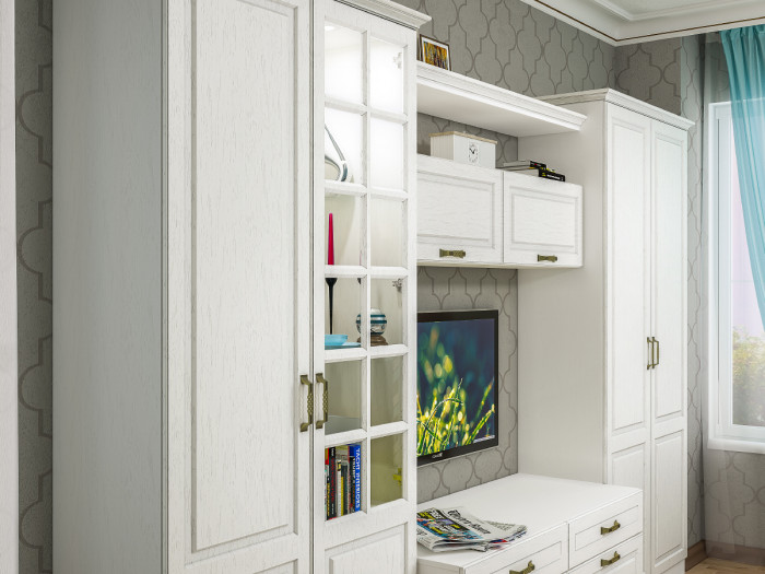 Ливерпуль Шкаф-витрина + карниз, ясень ваниль/белый