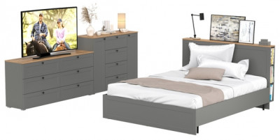 Остин 11.53 Кровать + ортопед + 16.240 Комод + 16.221 Комод, серый графит/дуб крафт золотой