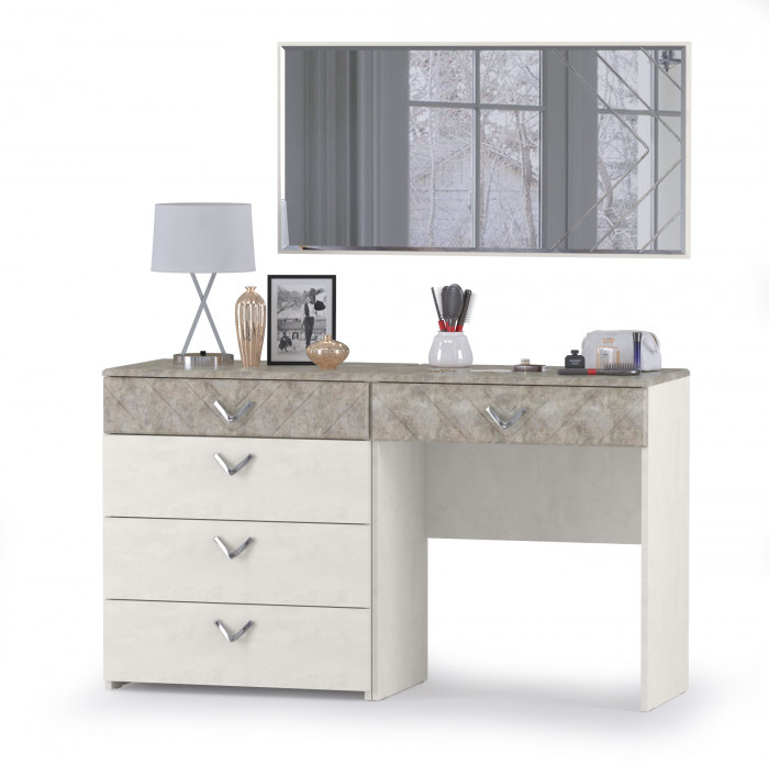 Амели Комод 13.106 + Стол туалетный 12.48 + Зеркало, цвет шёлковый камень/бетон чикаго беж, ШхГхВ 130х41,3х145 см., универсальная сборка