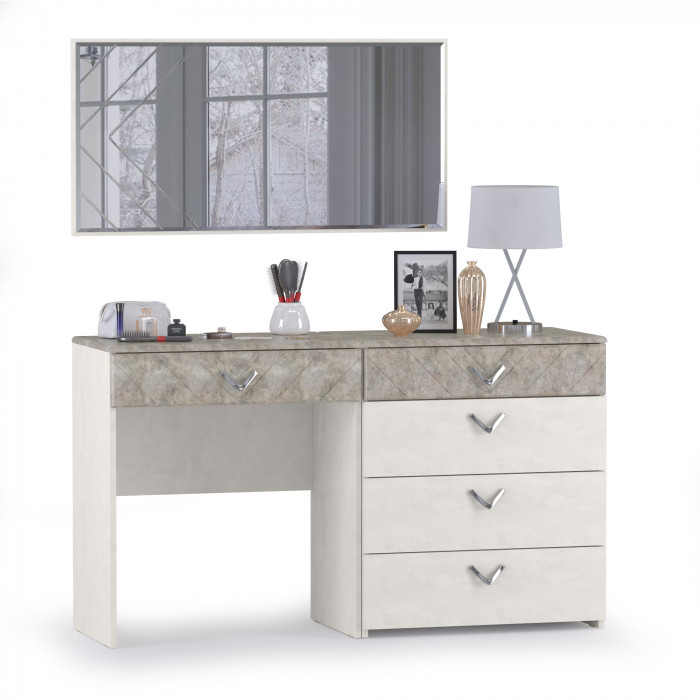 Амели Комод 13.106 + Стол туалетный 12.48 + Зеркало, цвет шёлковый камень/бетон чикаго беж, ШхГхВ 130х41,3х145 см., универсальная сборка