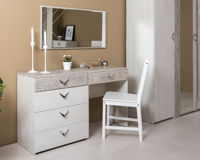 Амели Комод 13.106 + Стол туалетный 12.48 + Зеркало, цвет шёлковый камень/бетон чикаго беж, ШхГхВ 130х41,3х145 см., универсальная сборка
