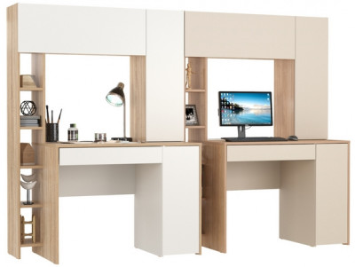 КР100 Два стола компьютерных Комфорт 12.71, цвет дуб сонома/белый/гикори рокфорд натуральный/сатин, ШхГхВ 233,4х60,2х165,4 см., НЕ универс. сборка