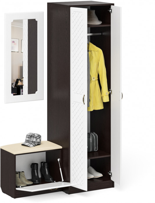 Прихожая П-6 Компоновка № 11, цвет венге/фасады МДФ белое дерево фрезеровка ромб, ШхГхВ 120х50х210 см., универсальная сборка