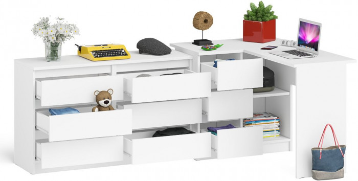 Мори Стол компьютерный МС-16 левый + Комод МК1200.6, цвет белый, ШхГхВ 244,8х84,9х76,6 см., выдвижные ящики слева, НЕ универсальная сборка