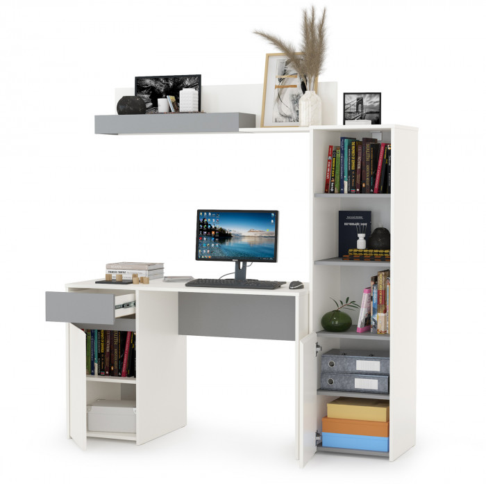 Торонто 12.149 Стол + 13.13 Шкаф комбинированный + 16.475 Полка, белый шагрень/стальной серый