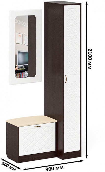 Прихожая П-6 Компоновка № 40, цвет венге/фасады МДФ белое дерево фрезеровка ромб, ШхГхВ 90х50х210 см., универсальная сборка