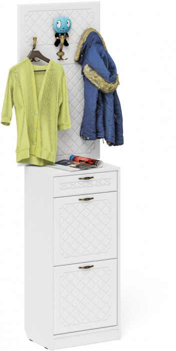 Прихожая П-6 Тумба для обуви 2 секции + Вешалка, цвет белая шагрень/фасады МДФ белое дерево фрезеровка ромб, ШхГхВ 50х35х210 см.