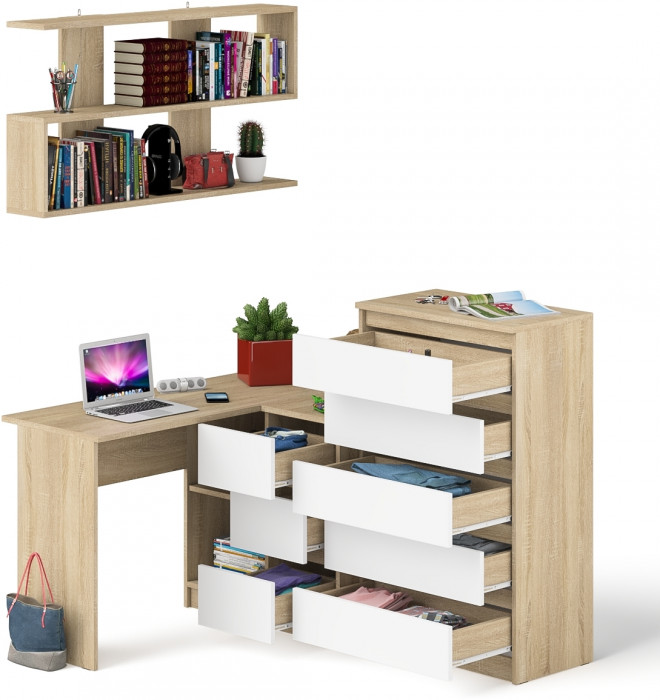 Мори компьютерный стол МС-16 правый + Комод МК700.5 + Полка 1200, дуб сонома/белый