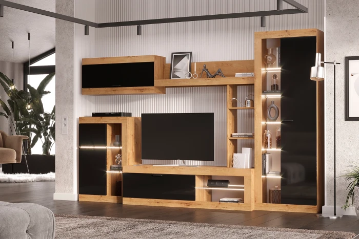 Прага Модульная Гостиная, вариант №4, вотан/Черный глянец