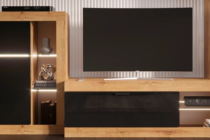 Прага Модульная Гостиная, вариант №4, вотан/Черный глянец