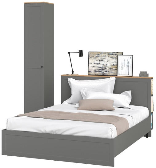 Остин 11.53 Кровать + ортопед + 13.227 Шкаф-пенал, серый графит/дуб крафт золотой