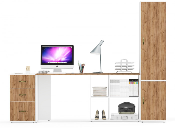 Лидер-8 Стол + Тумба МД 3.16 + Пенал МД 21Б, цвет белый шагрень/крафт золото, ШхГхВ 245х50/37,5х75/190 или 155х120/50х75/190 см., НЕ ун. сборка