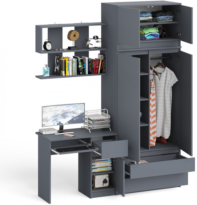Мори компьютерный стол МС-1 правый + Шкаф МШ900.1 + Антресоль МА900.1 + Полка 900, графит