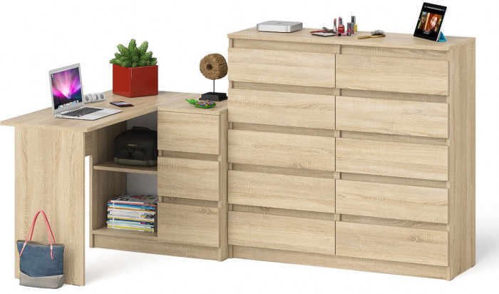 Мори компьютерный стол МС-16 правый + Комод МК1200.10, дуб сонома