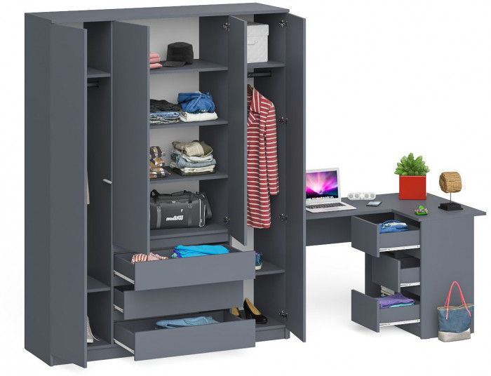 Мори Стол компьютерный МС-16 правый + Шкаф МШ1600.1, цвет графит, ШхГхВ 284,8х84,9х209,6 см., выдвижные ящики справа, НЕ универсальная сборка