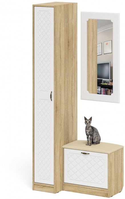 Прихожая П-6 Компоновка № 40, дуб сонома/фасады МДФ белое дерево фрезеровка ромб