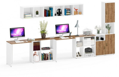 Лидер-8 Стол + Полка + Стол + Полка + Пенал + Тумба МД 3.19, цвет белый шагрень/крафт золото, 410х50/30х75/190 или 230х50/160х75/190 см., НЕ ун. сб.