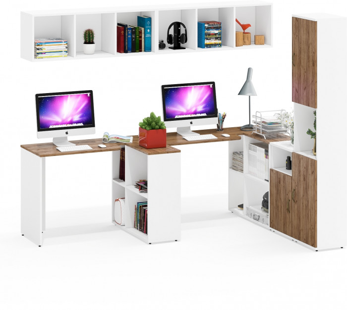 Лидер-8 Стол + Полка + Стол + Полка + Пенал + Тумба МД 3.19, цвет белый шагрень/крафт золото, 410х50/30х75/190 или 230х50/160х75/190 см., НЕ ун. сб.