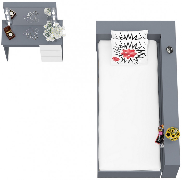 Ксения Кровать с ящиками 0900 + прикроватный блок + Столик с подсветкой Сура, графит/белый