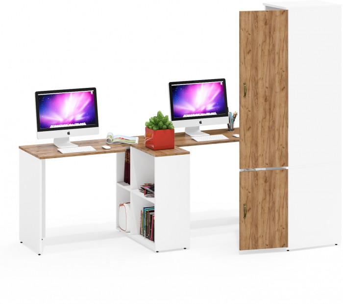 Лидер-8 Стол + Стол + Пенал МД 23Б, белый шагрень/крафт золото