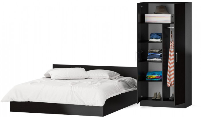 Кровать 1800 + Шкаф 2-х створчатый Стандарт, цвет венге, ШхГхВ 183,5х203,5х70 + 90х52х200 см., сп.м. 1800х2000 мм., без матраса, основание есть