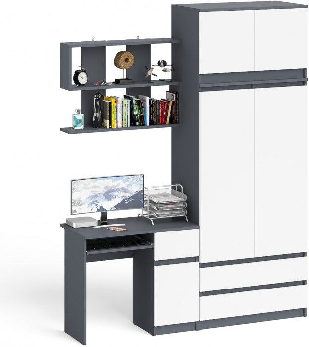 Мори компьютерный стол МС-1 правый + Шкаф МШ900.1 + Антресоль МА900.1 + Полка 900, графит/белый