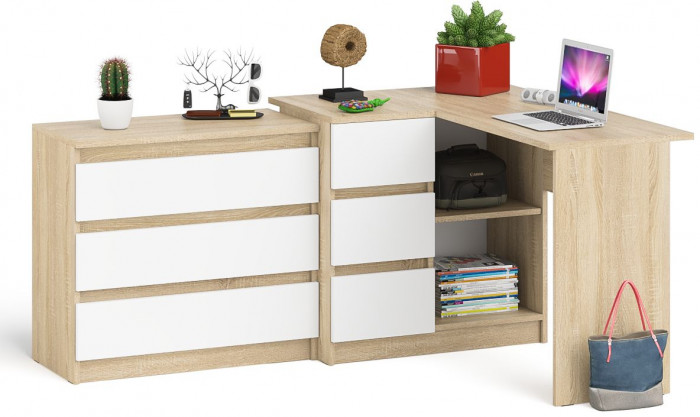 Мори компьютерный стол МС-16 левый + Комод МК800.1, дуб сонома/белый